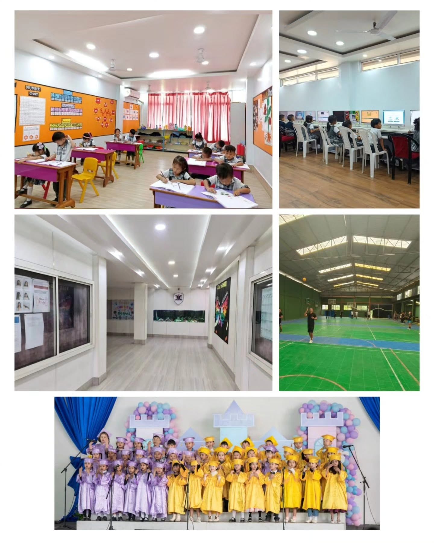 Grace Academy classroom, computer lab, sports hall and kindergarten graduation